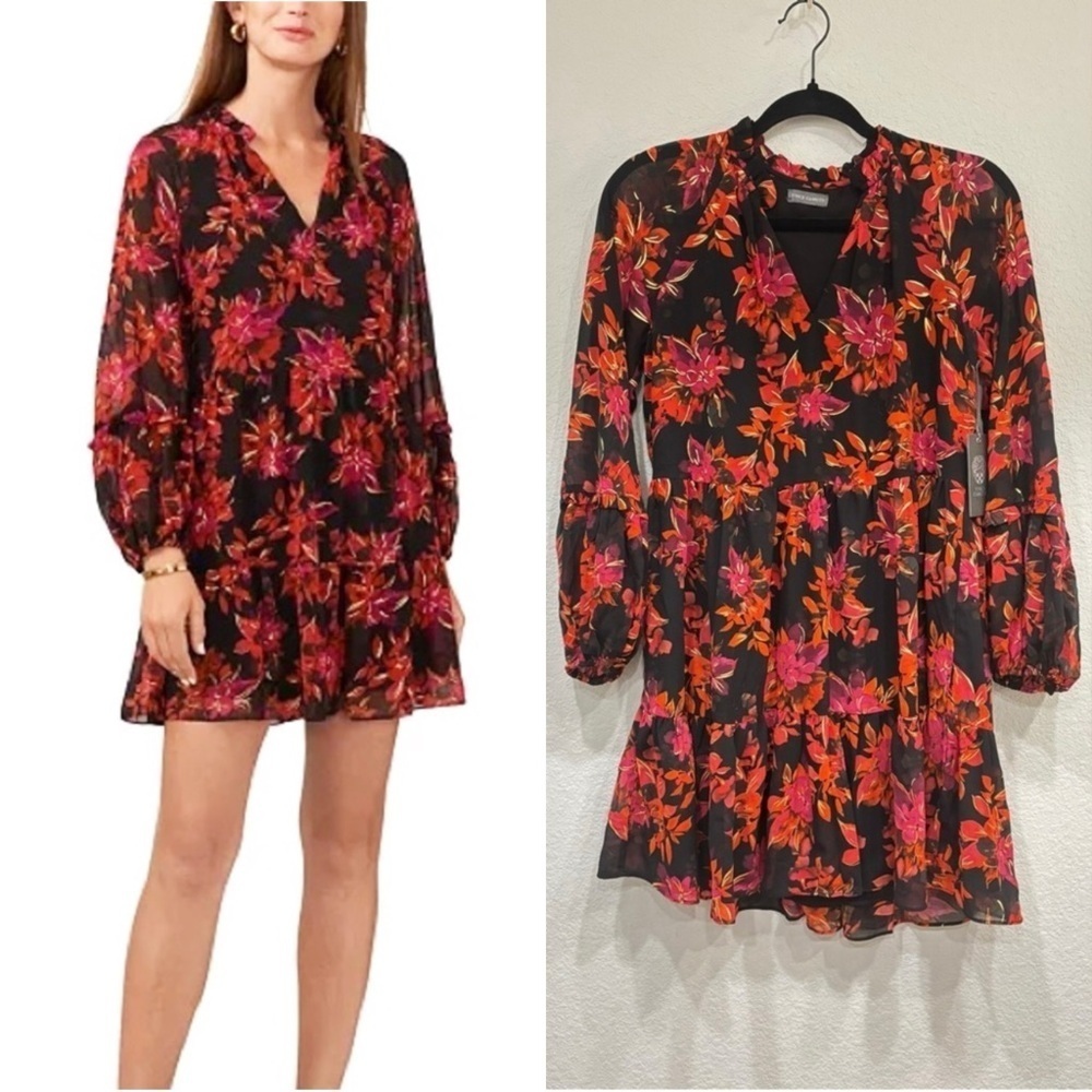 Size S - Vince Camuto Women's Split-Neck Long-Sleeve Babydoll Dress